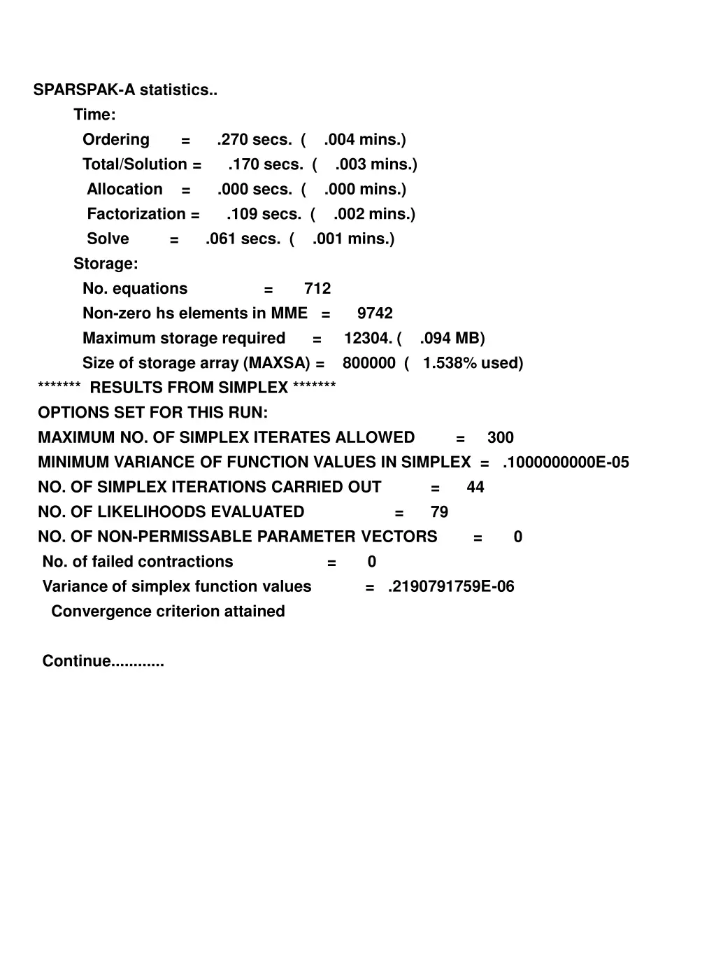 sparspak a statistics time ordering 270 secs