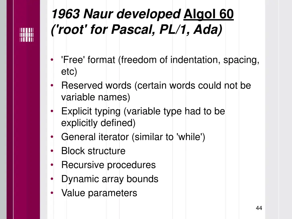 1963 naur developed algol 60 root for pascal