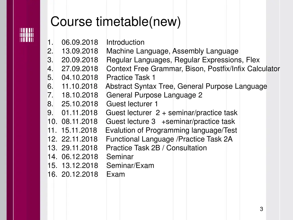 course timetable new