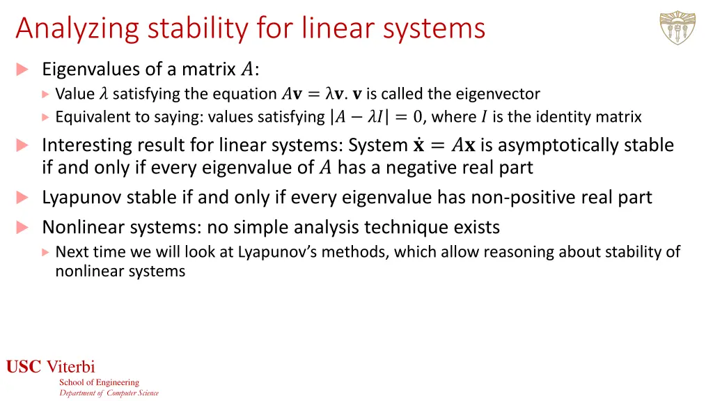 analyzing stability for linear systems
