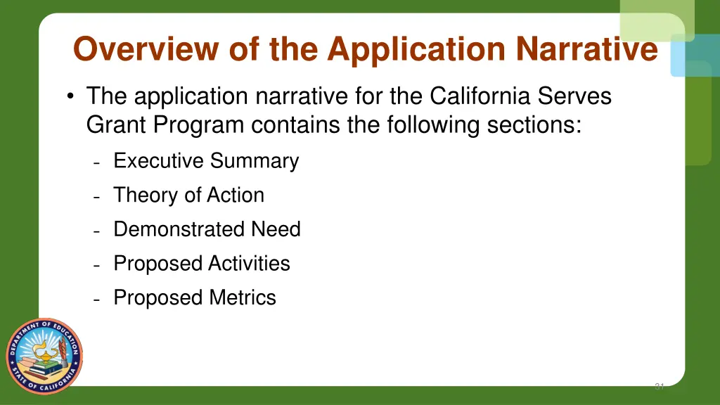 overview of the application narrative