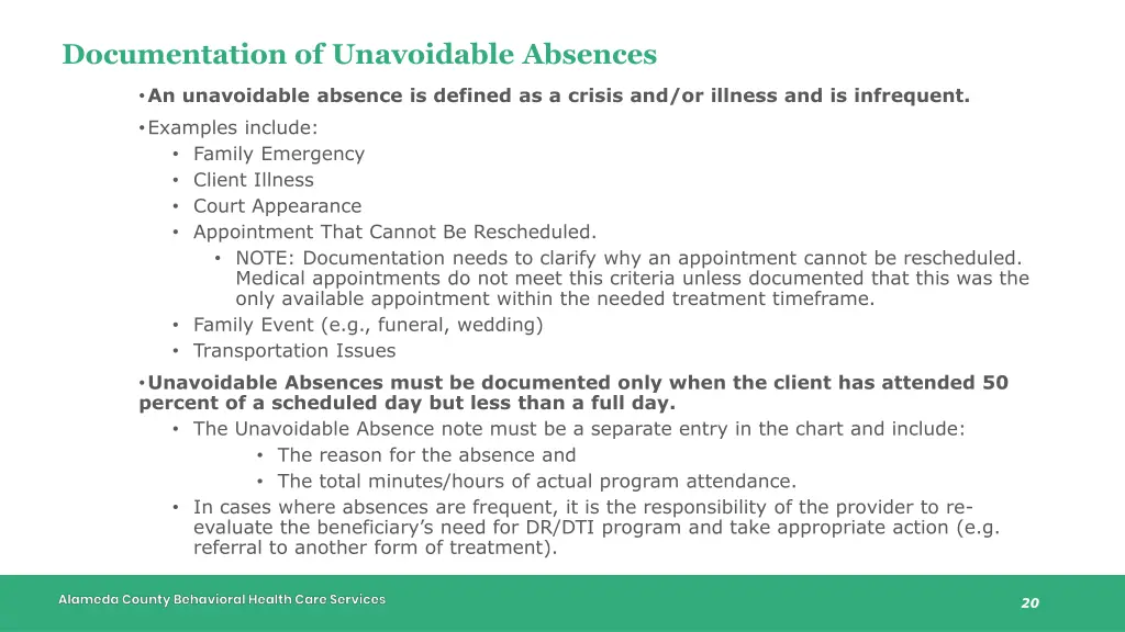 documentation of unavoidable absences