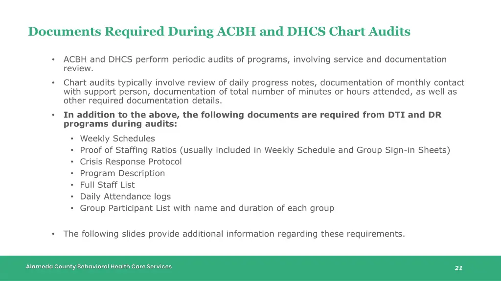 documents required during acbh and dhcs chart