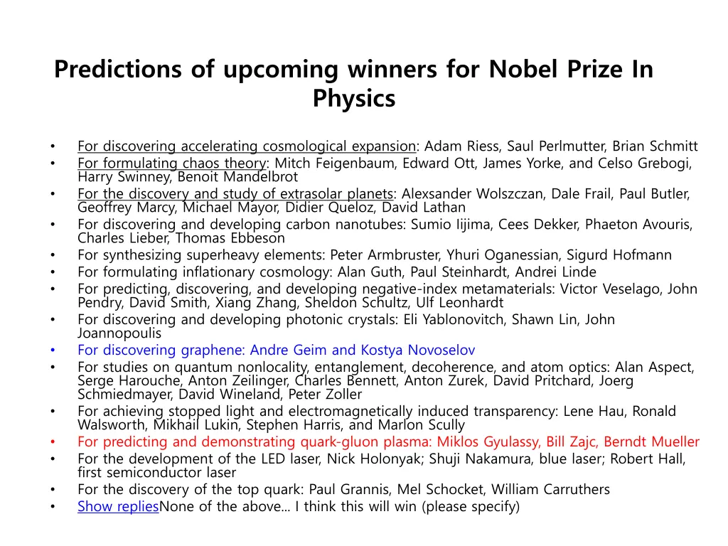 predictions of upcoming winners for nobel prize