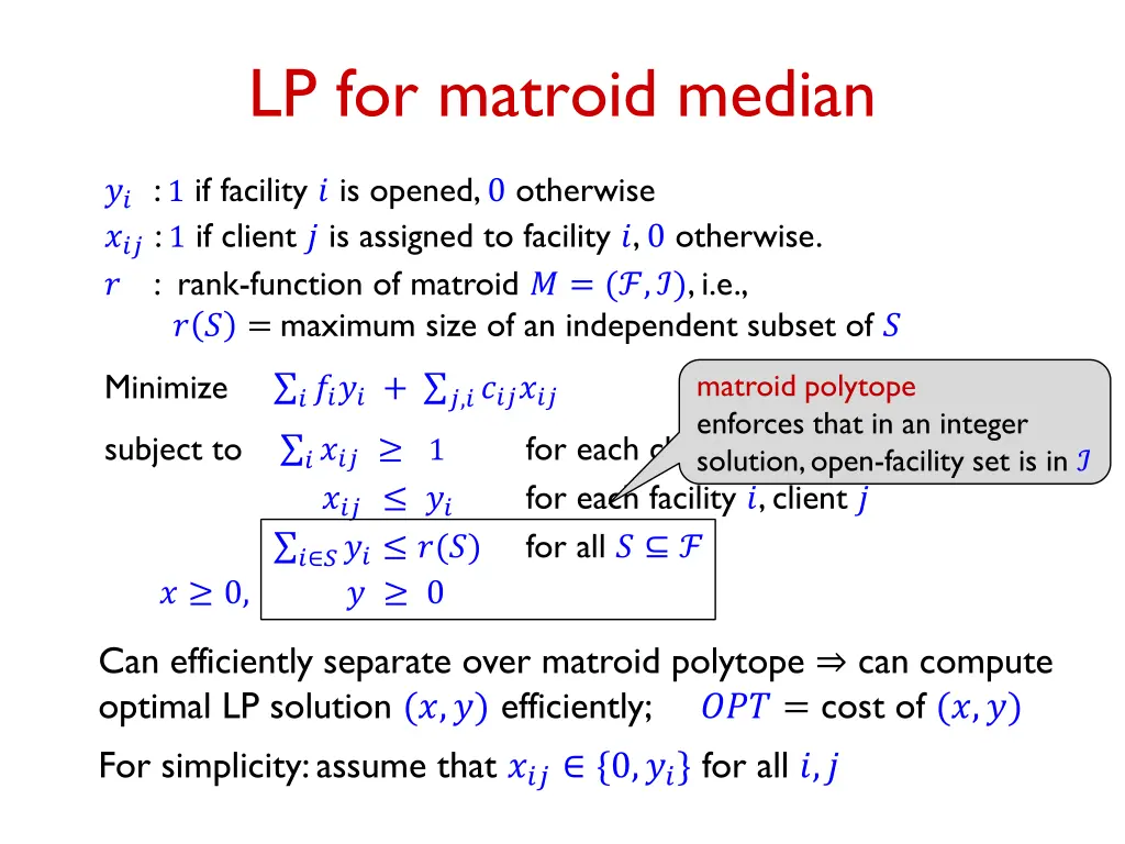 lp for matroid median