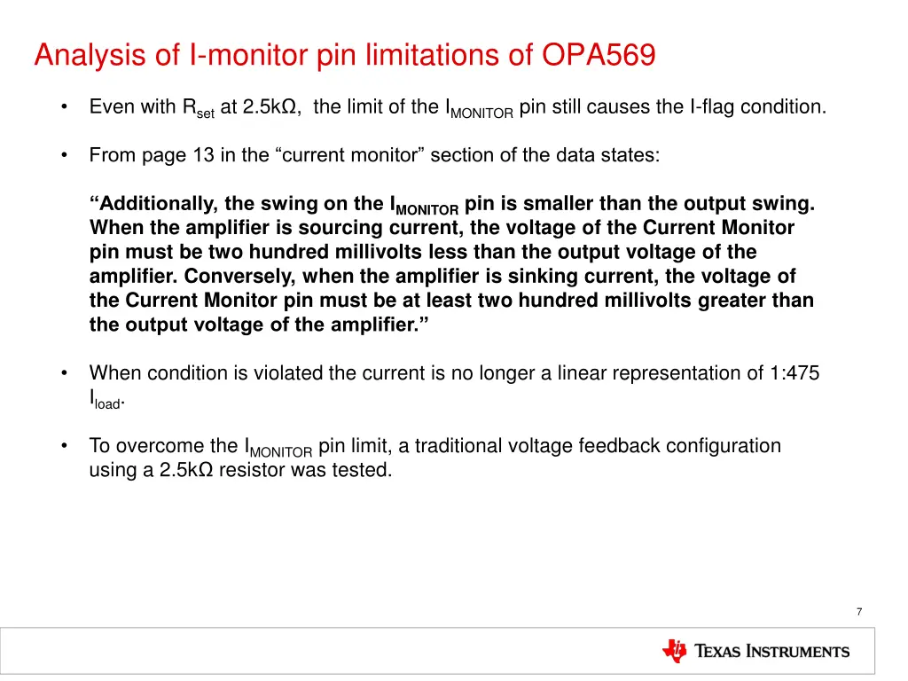 analysis of i monitor pin limitations of opa569