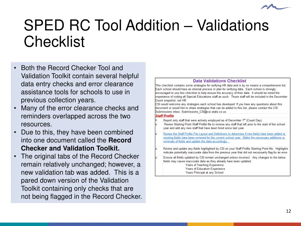 sped rc tool addition validations checklist