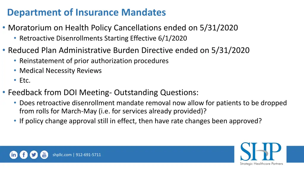 department of insurance mandates moratorium