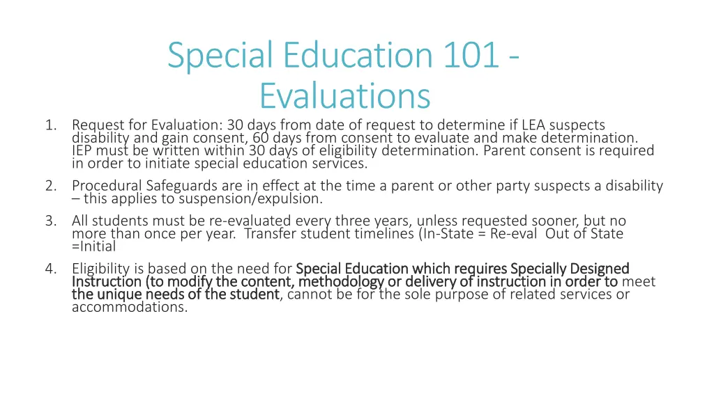 special education 101 evaluations 1 request