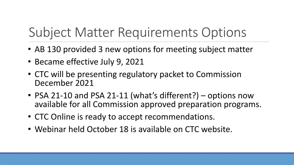 subject matter requirements options
