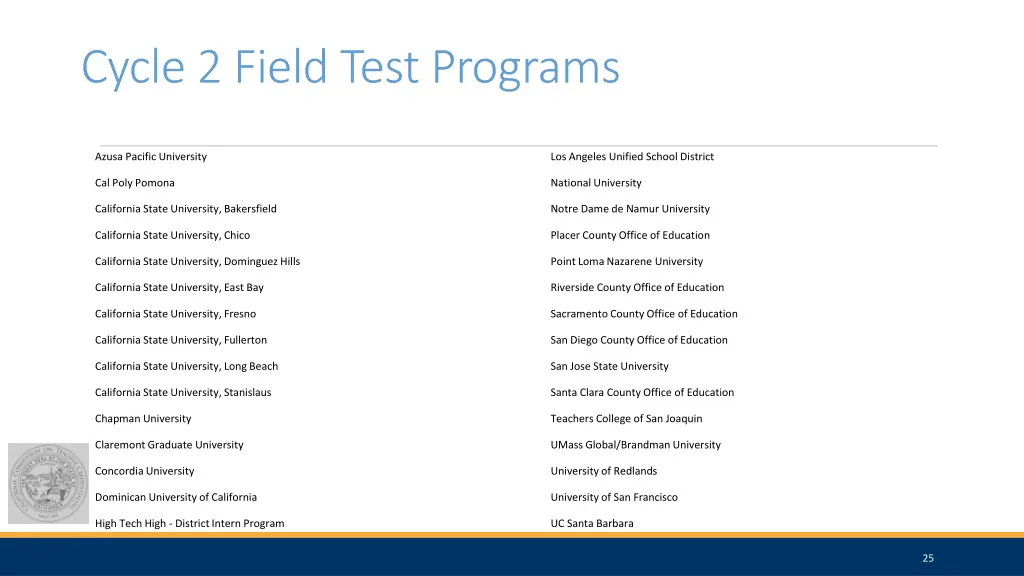 cycle 2 field test programs