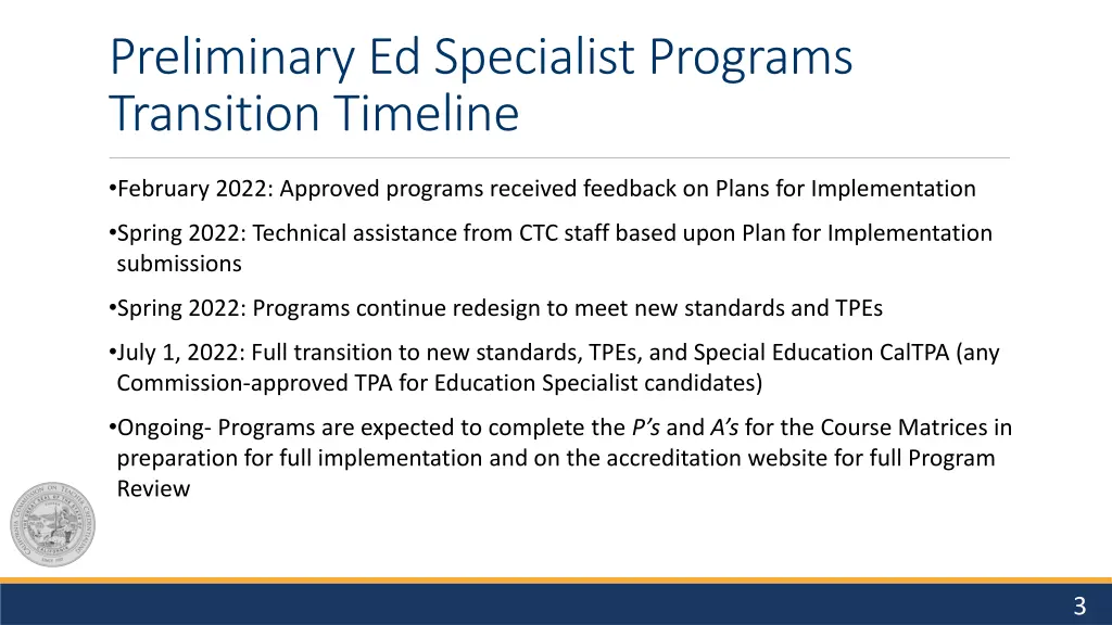preliminary ed specialist programs transition