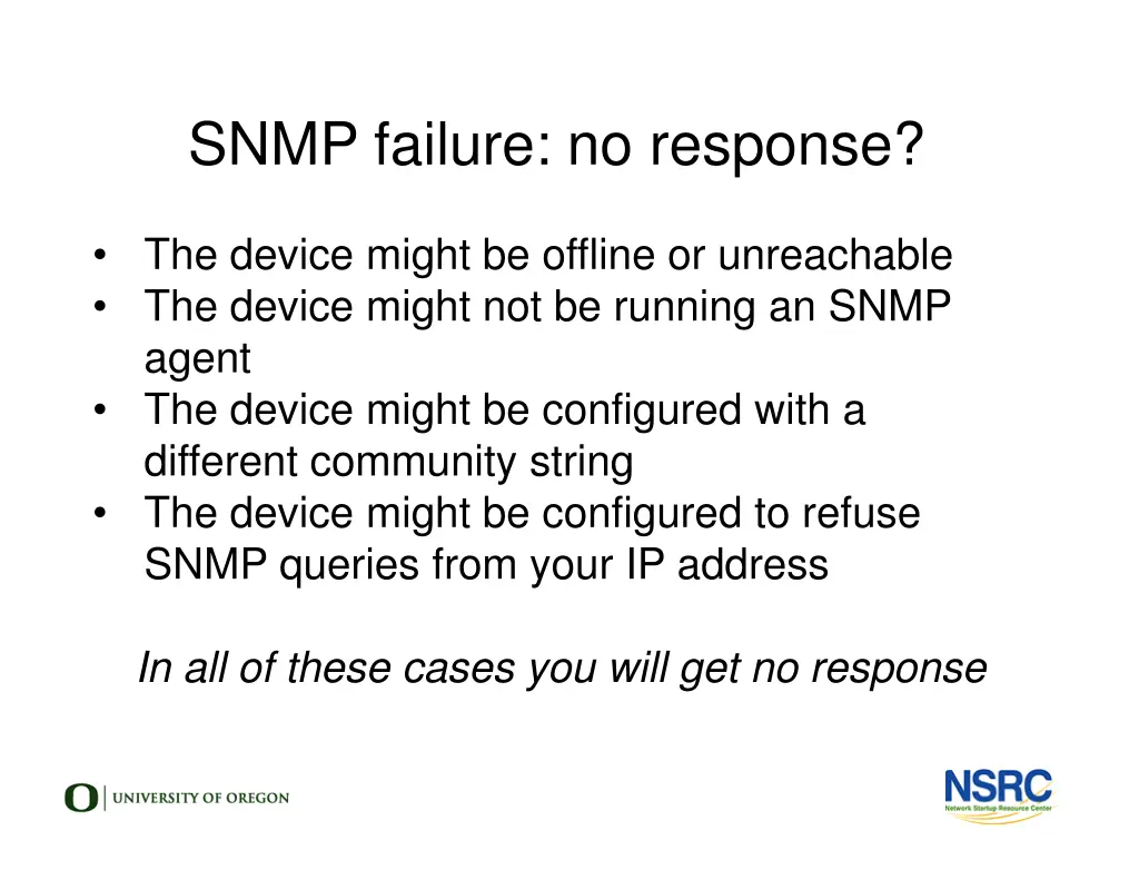 snmp failure no response