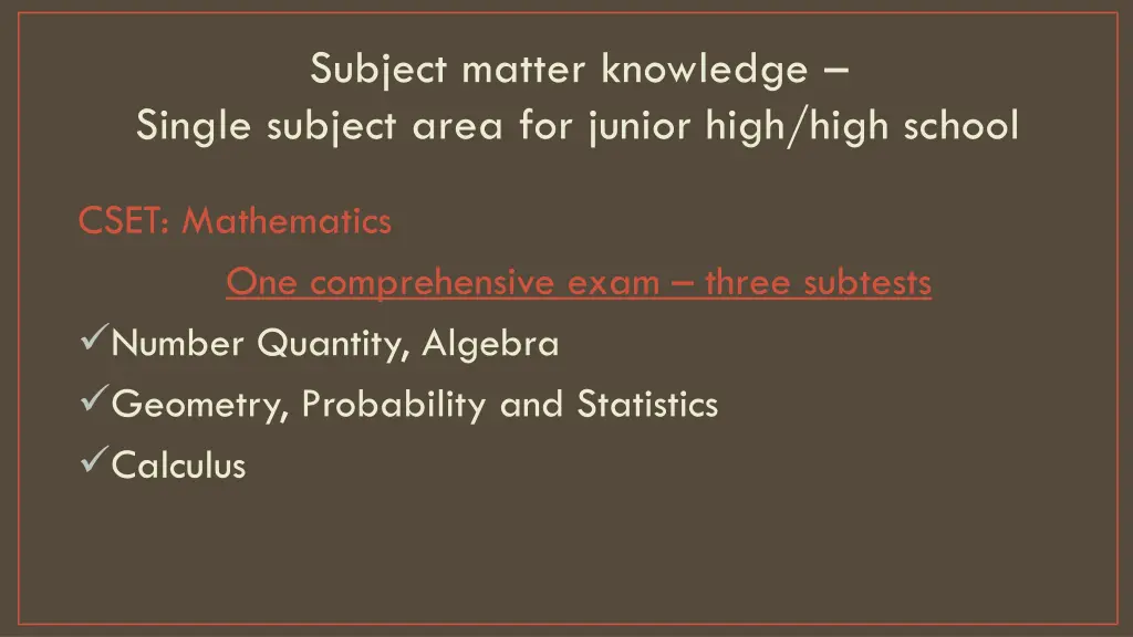 subject matter knowledge single subject area