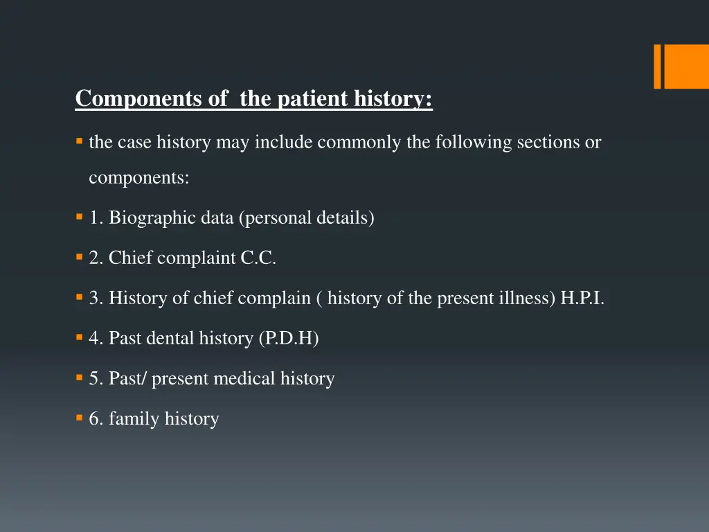 components of the patient history
