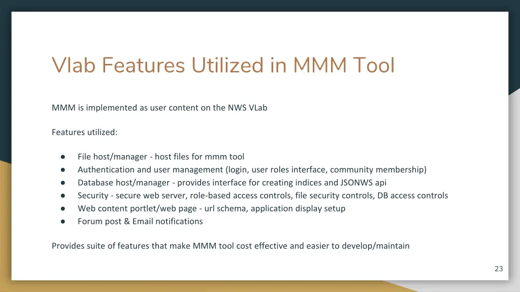 vlab features utilized in mmm tool