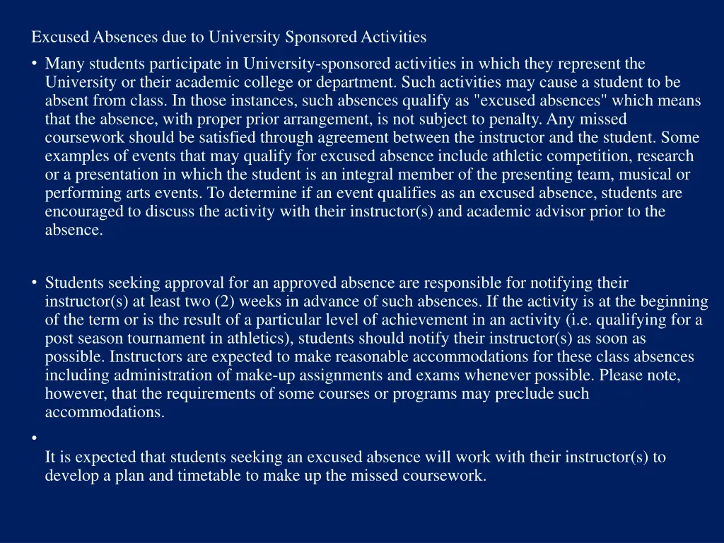 excused absences due to university sponsored