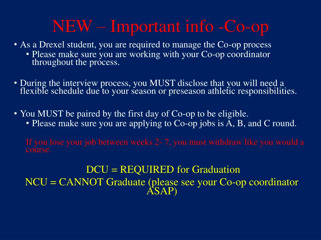 new important info co op as a drexel student