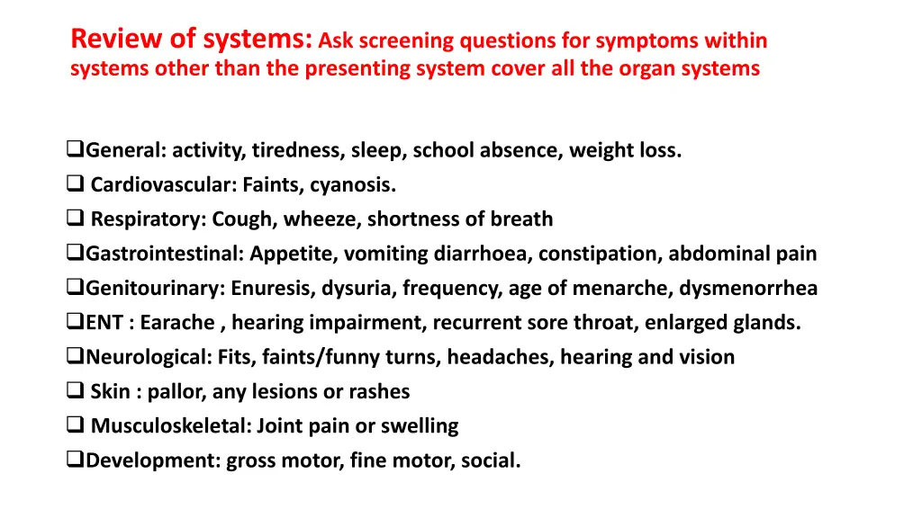 review of systems ask screening questions