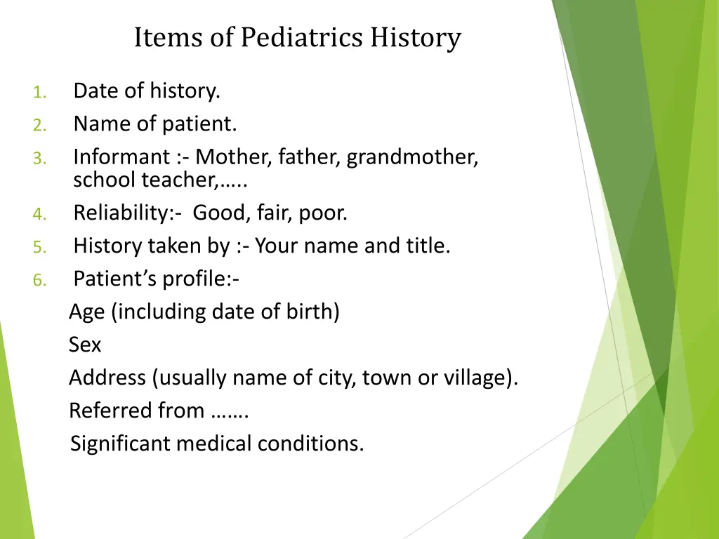 items of pediatrics history