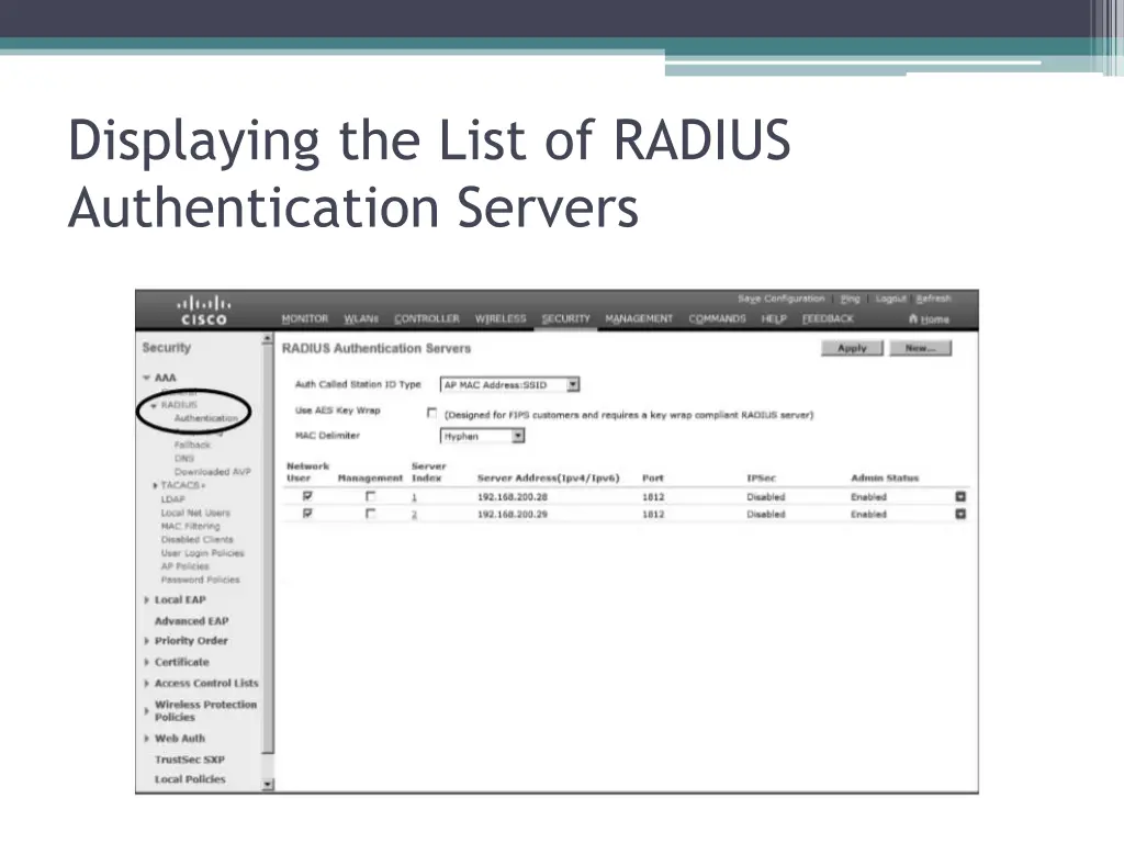 displaying the list of radius authentication