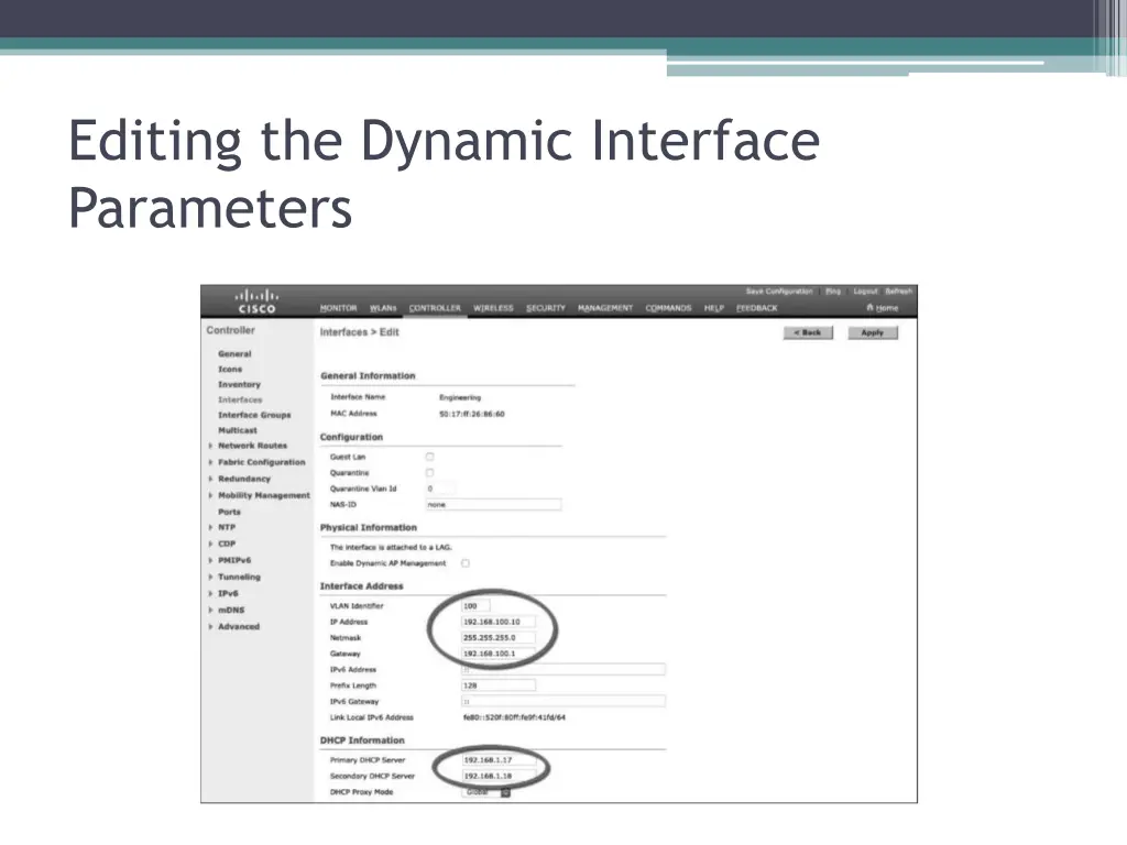 editing the dynamic interface parameters