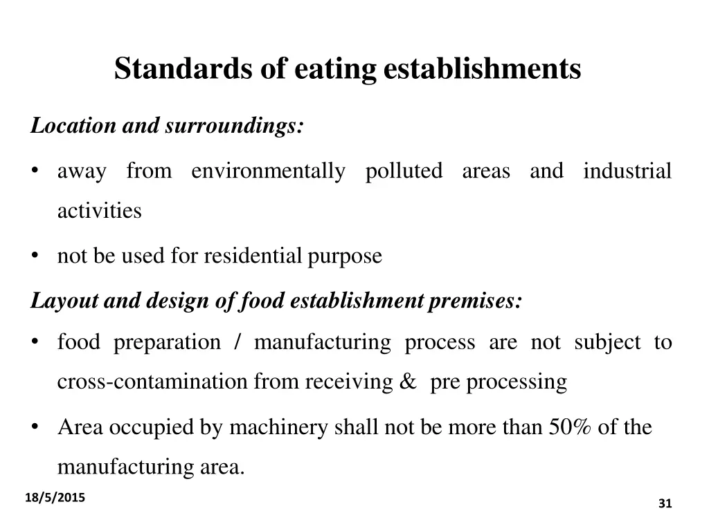 standards of eating establishments