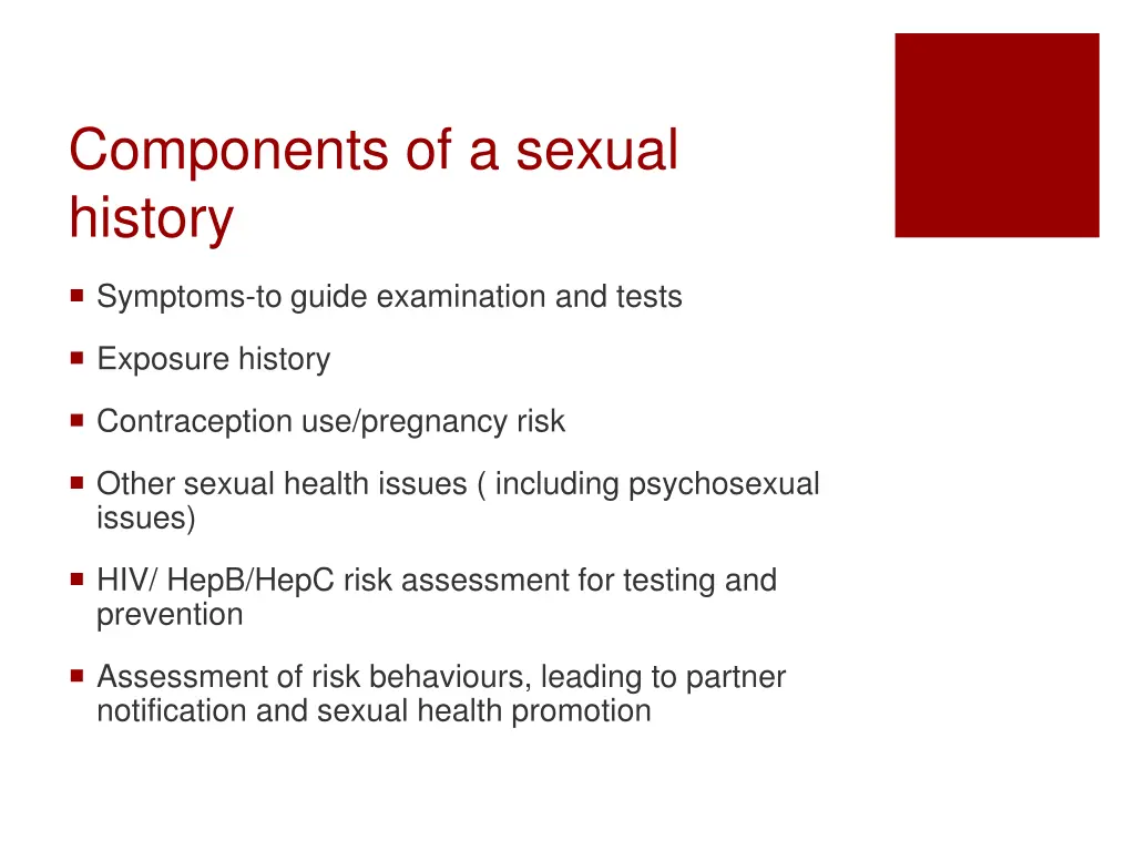 components of a sexual history