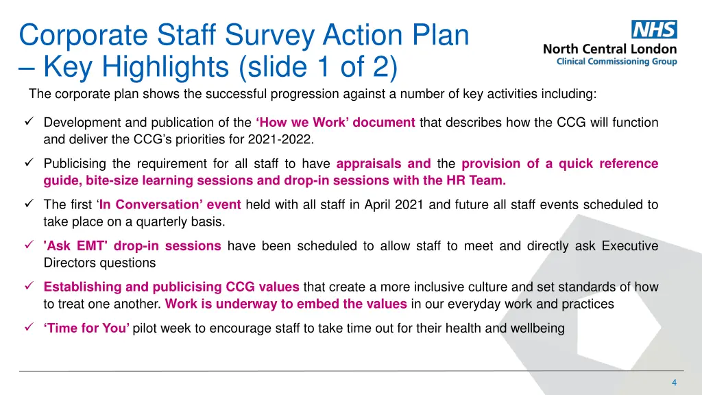 corporate staff survey action plan key highlights