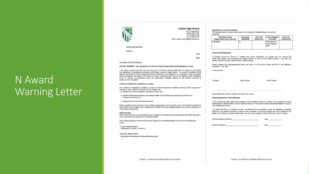 n award warning letter