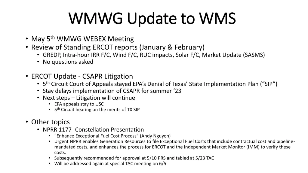 wmwg update to wms wmwg update to wms