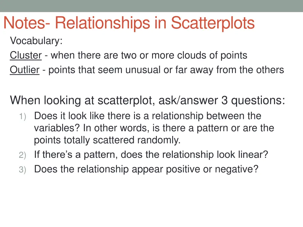 notes relationships in scatterplots vocabulary