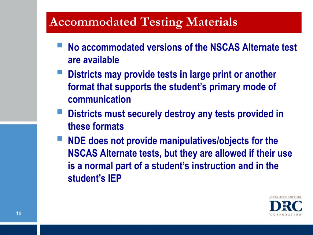 accommodated testing materials