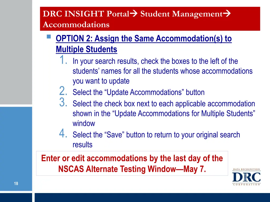 drc insight portal accommodations 2