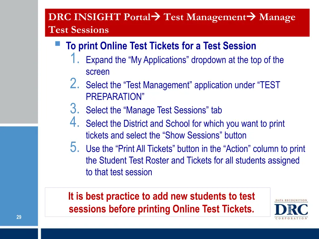 drc insight portal test sessions