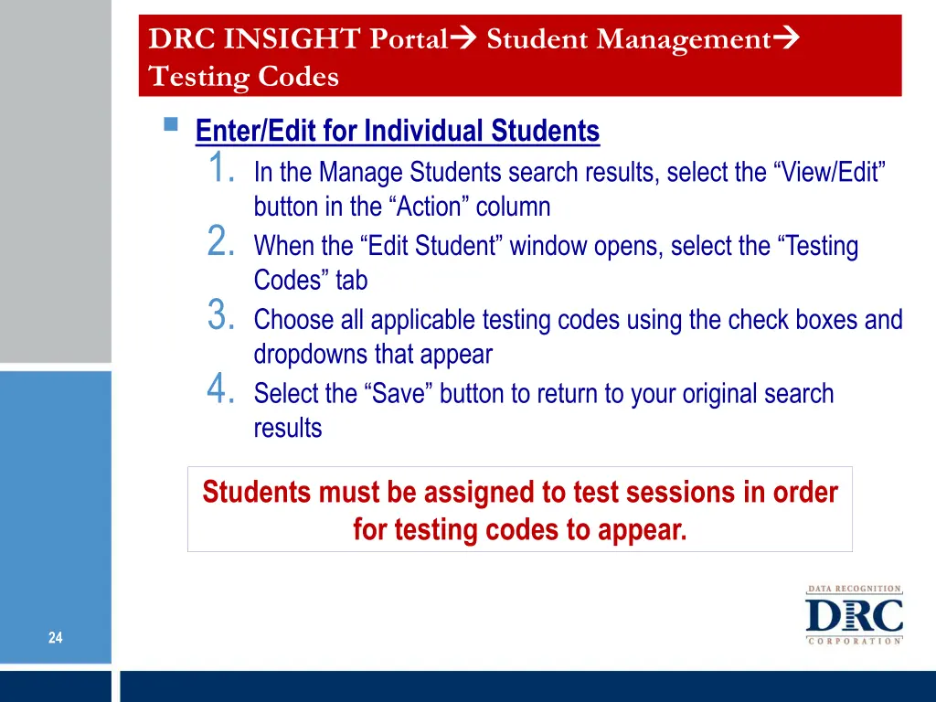 drc insight portal testing codes 1