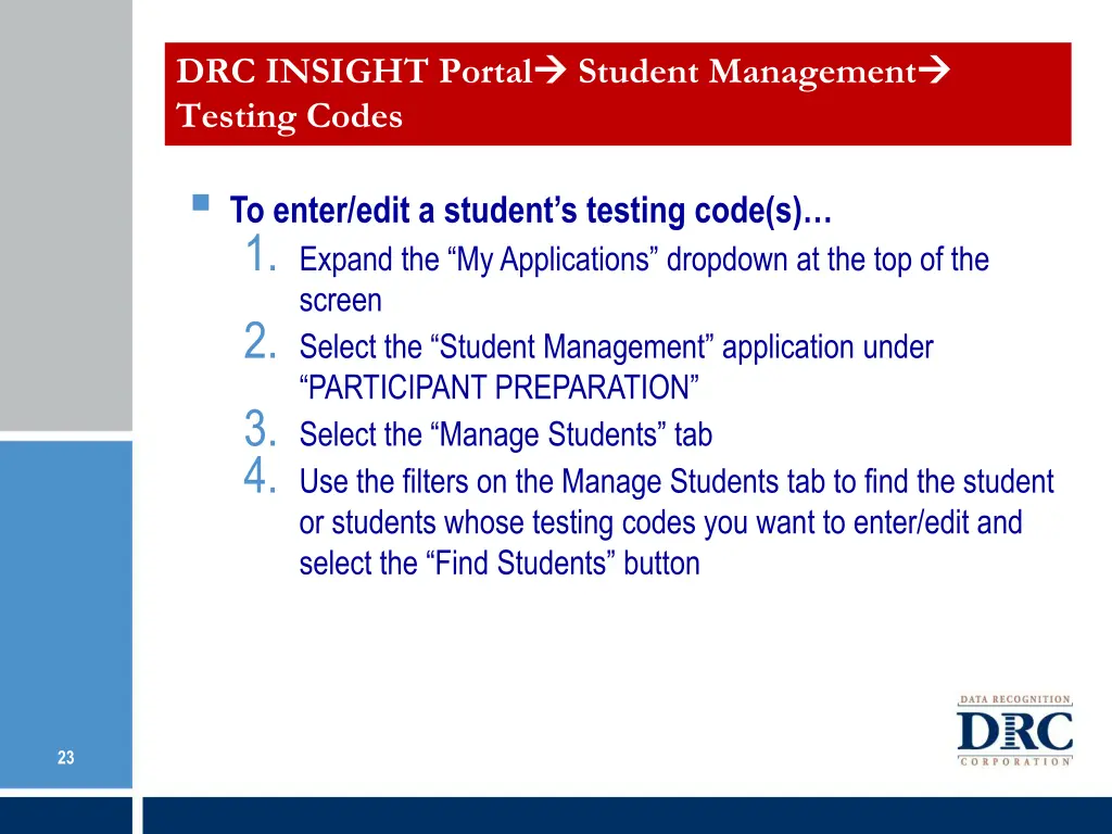 drc insight portal testing codes