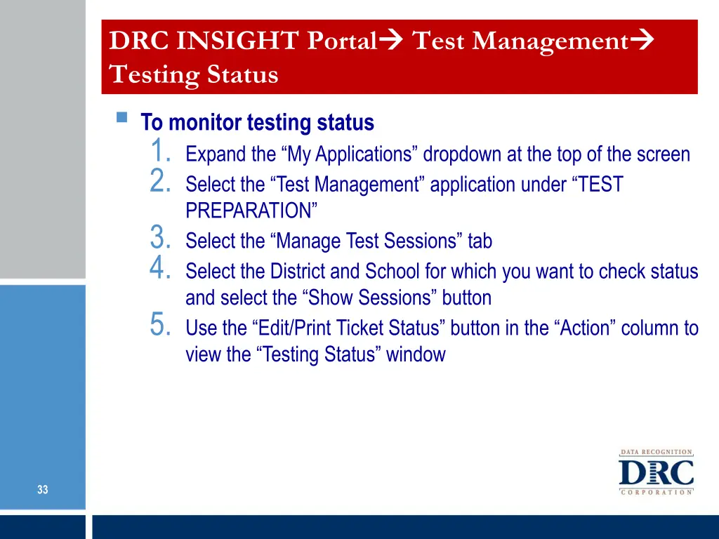 drc insight portal testing status