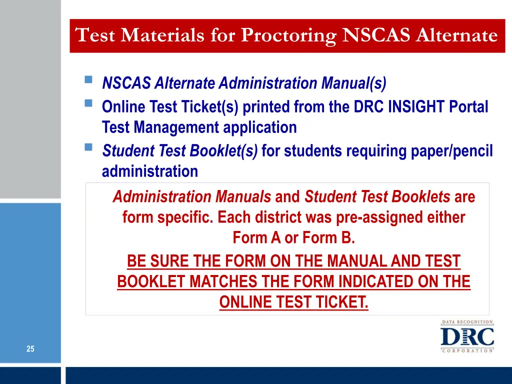 test materials for proctoring nscas alternate