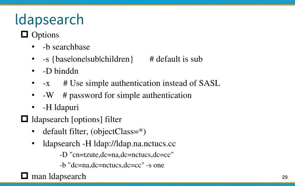 ldapsearch options b searchbase s base