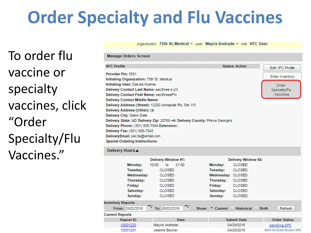 order specialty and flu vaccines
