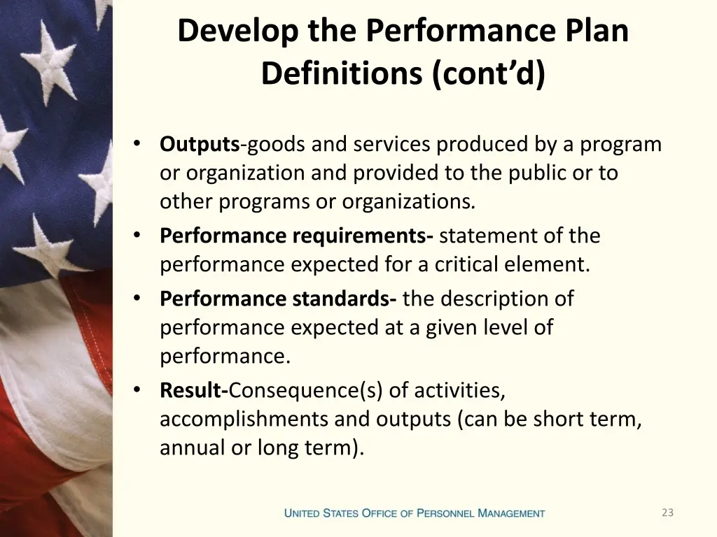 develop the performance plan definitions cont d