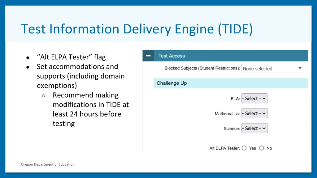 test information delivery engine tide