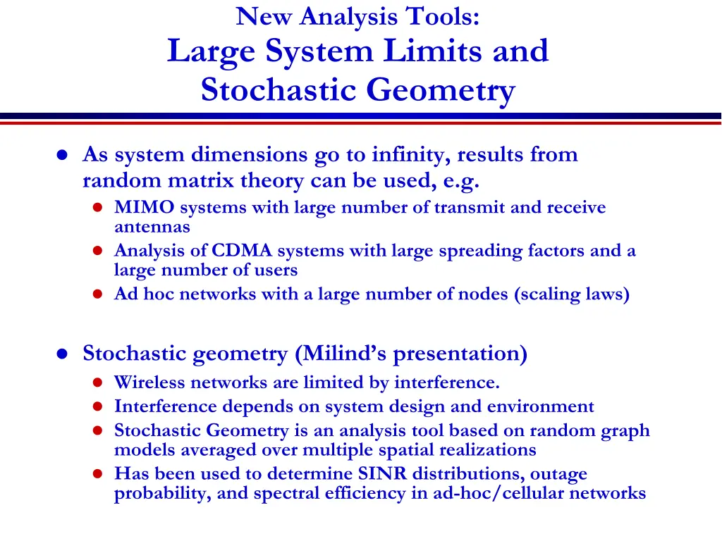 new analysis tools large system limits
