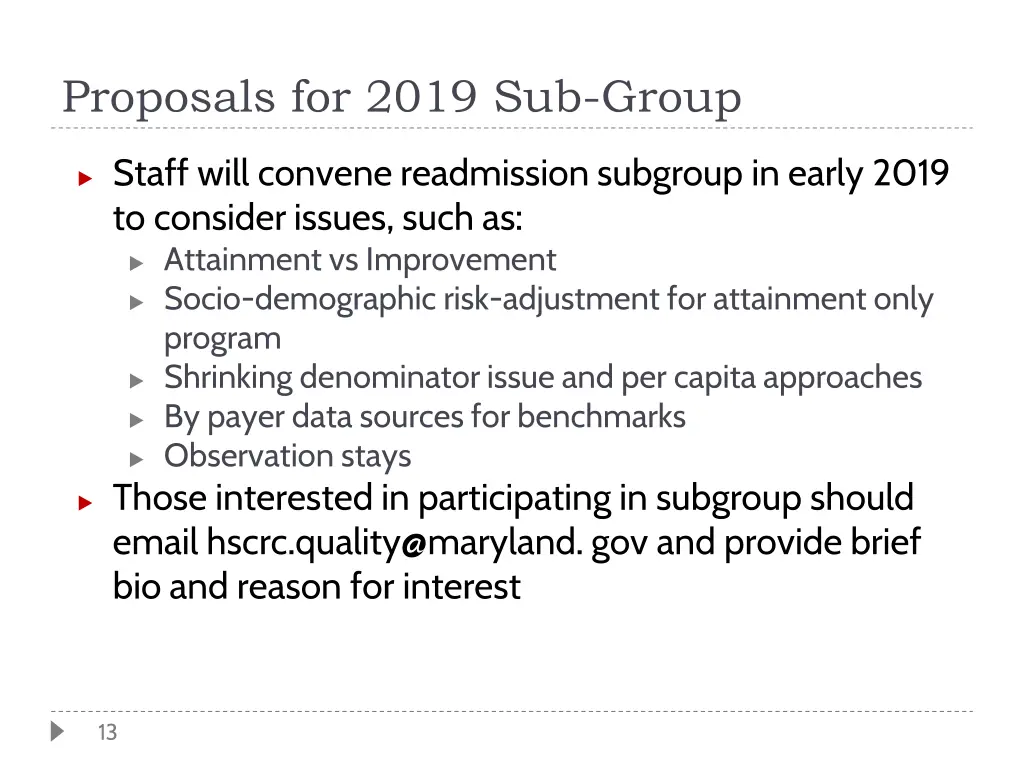 proposals for 2019 sub group