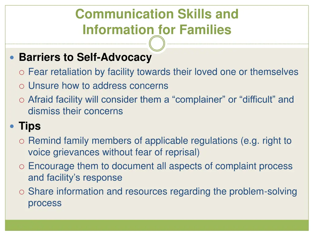 communication skills and information for families