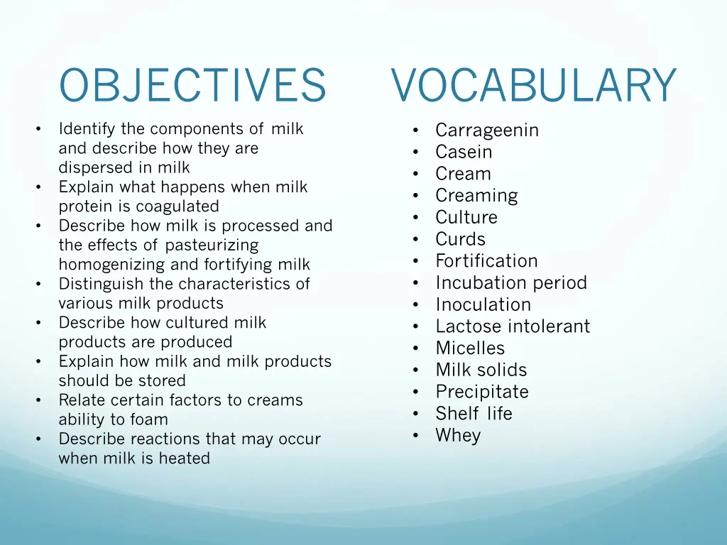 objectives identify the components of milk