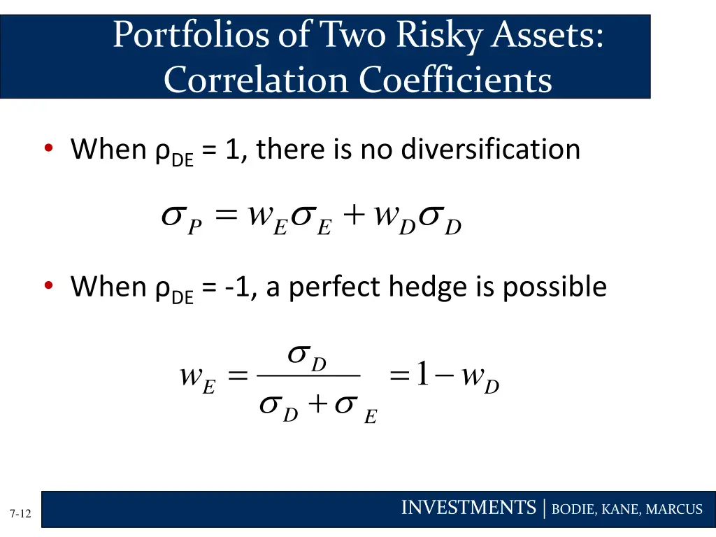 portfolios of two risky assets correlation 1