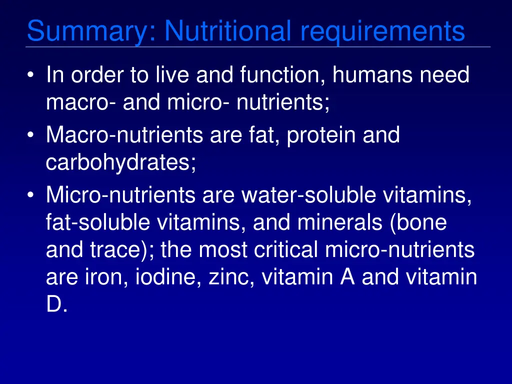 summary nutritional requirements