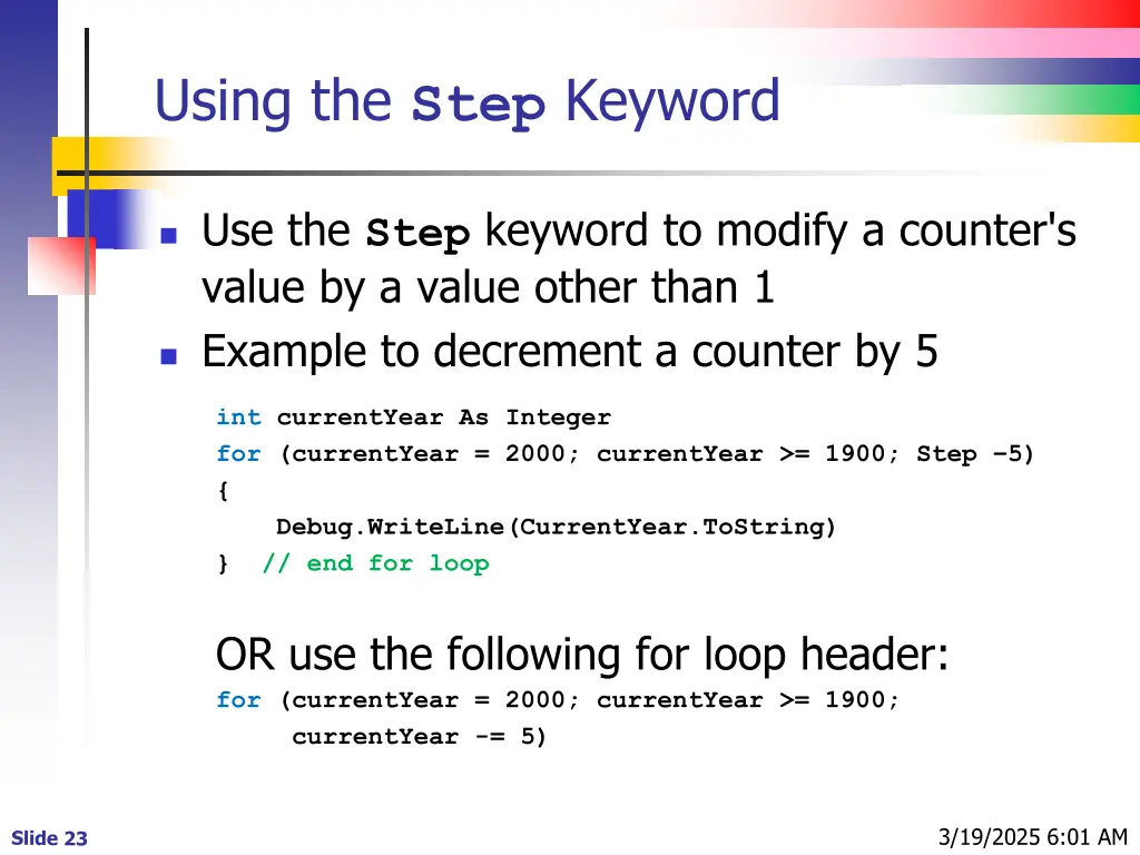 using the step keyword